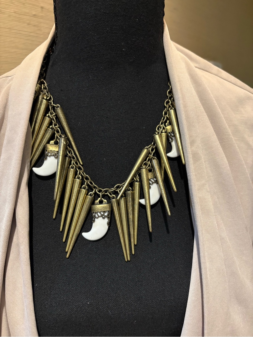 Brass Spike & White Tooth Pendant Statement Necklace